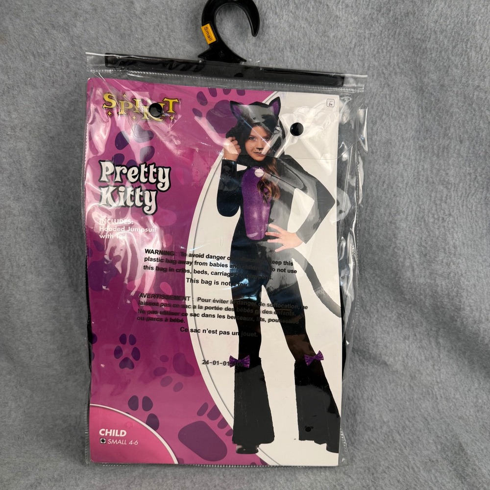 Spirit Pretty Kitty Costume Kids Small 4-6 Black Purple Hooded Jumpsuit Tail NEW